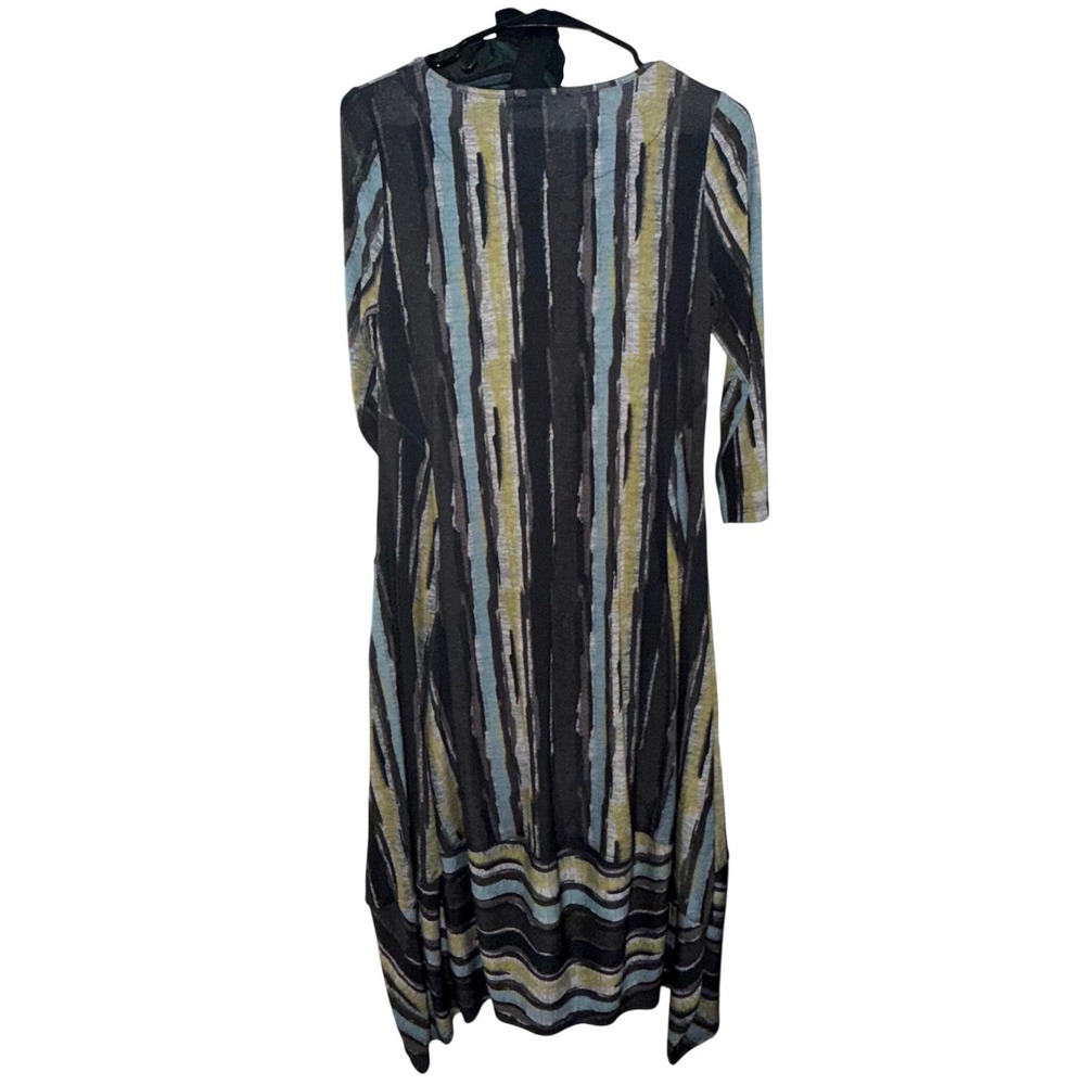 Kozan Abstract Stripe Tulip Hem Midi Dress Black Blue Chartreuse XS Lagenlook - Picture 4 of 7